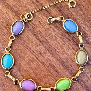 Vintage Pastel Cabochon Bracelet Multicolor 7.5” Gold Tone